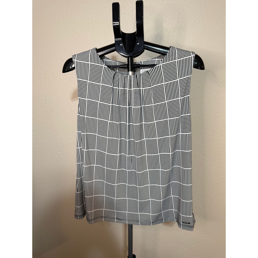 Calvin Klein Womens XL Black White Geometric Grid Sleeveless Pleated Shell Top